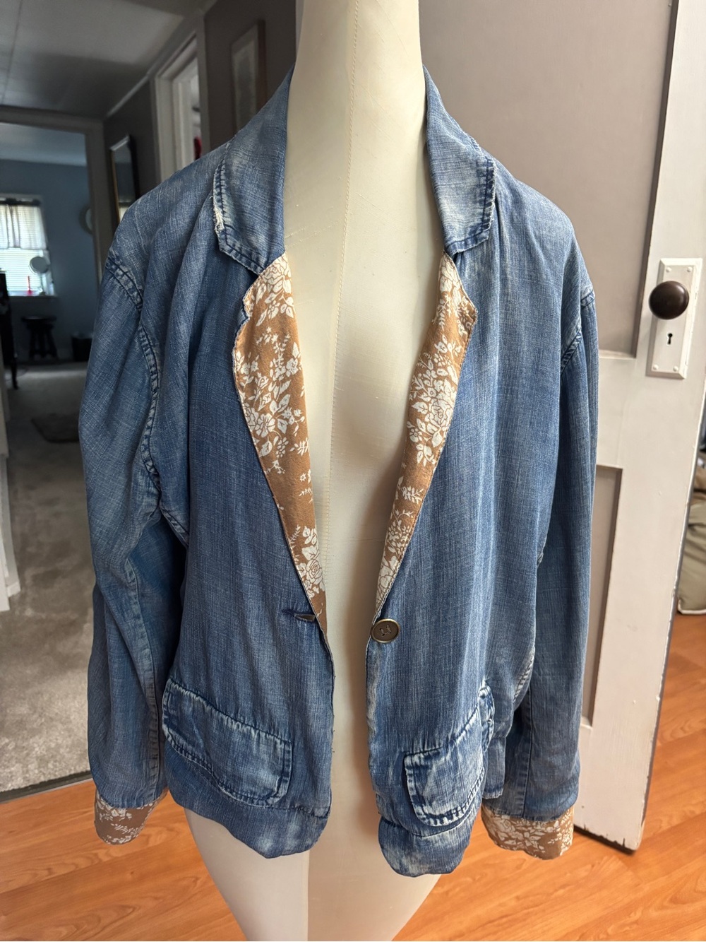 Light Blue Denim Blazer with Floral Trim